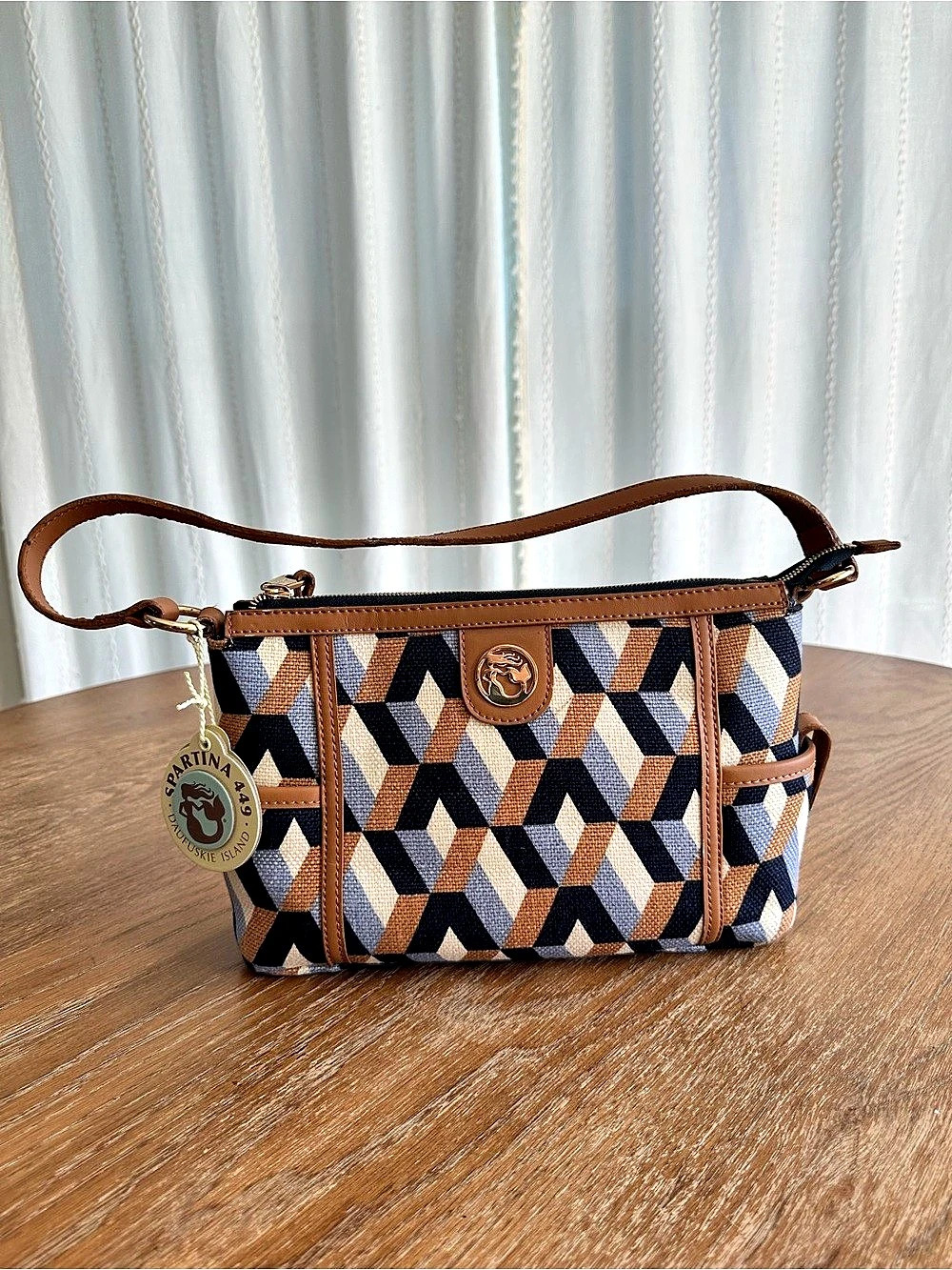 Spartina 449 Co Bateau Bleu Simple Zip Geometric Crossbody in Brown & Blue NWT